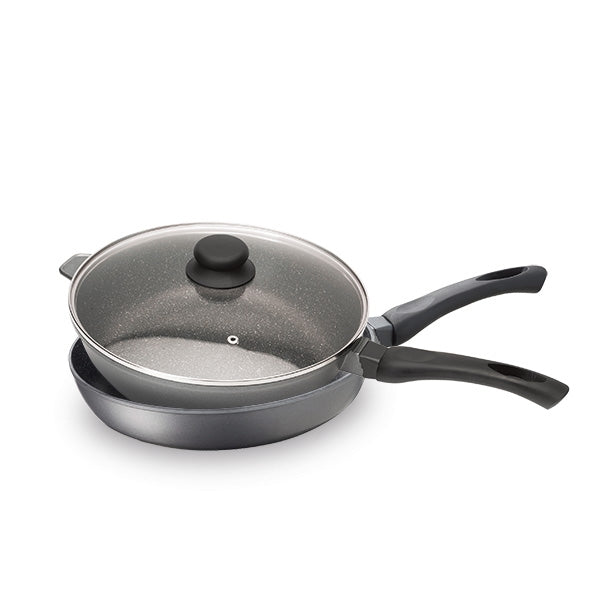 Lot poêle et sauteuse revêtement Dur comme la pierre 24 cm et couvercle en verre Mathon - Mathon - 1