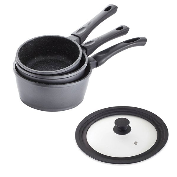 Lot 3 casseroles revêtement Dur comme la pierre 16, 18 et 20 cm et couvercle multidiamètre Mathon - Mathon