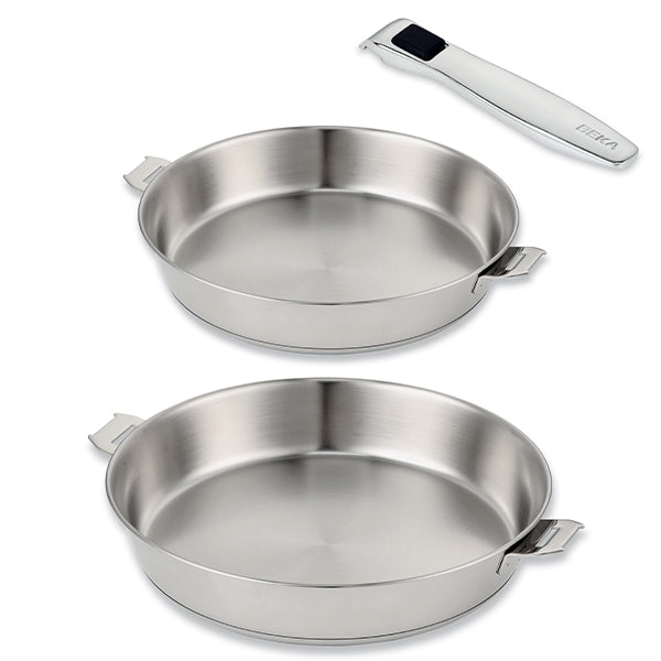 Lot 2 poêles tout inox Evolution 20 et 28 cm et manche amovible Beka - Mathon