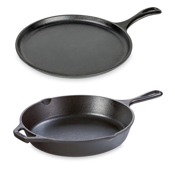 Lot 1 poêle avec poignées et 1 crêpière en fonte 26 cm Lodge - Mathon