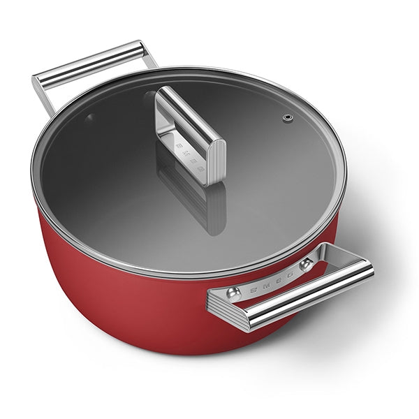Faitout bas aluminium antiadhésif 24 cm rouge mat avec couvercle verre trempé Smeg - Mathon - 1