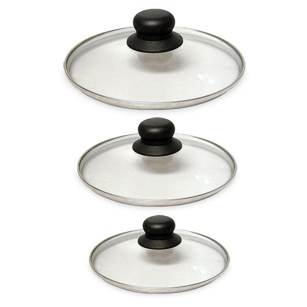 Lot 3 couvercles en verre cerclés inox 16, 18 et 20 cm - Mathon