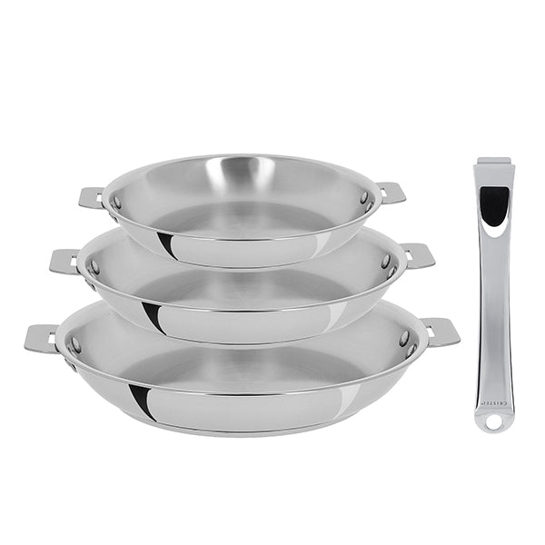 Lot 3 poêles tout inox Casteline 20, 24 et 28 cm et manche amovible Cristel - Mathon - 1