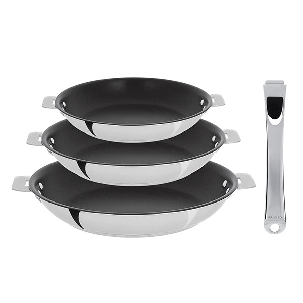 Lot 3 poêles inox antiadhérentes Casteline 20, 24 et 28 cm et manche amovible Cristel - Mathon - 1