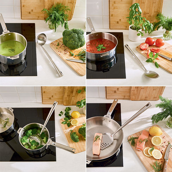 Lot de 4 ustensiles avec louche, cuillère, spatule, écumoire et d’un fouet magique à spirale 30 cm en inox Mathon - Mathon - 4