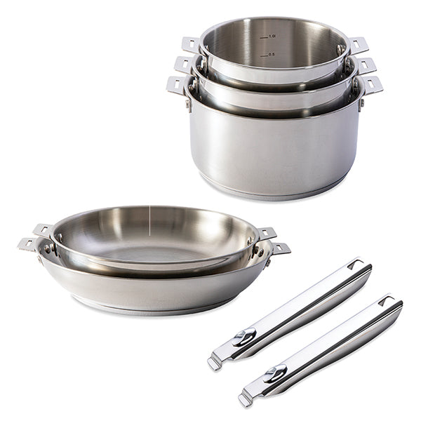 Lot 3 casseroles et 2 poêles tout inox Clips’Inox et 2 manches amovibles Mathon - Mathon - 1