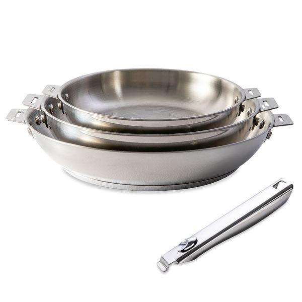 Lot 3 poêles tout inox Clips’Inox 20, 24 et 28 cm et manche amovible Mathon - Mathon - 1