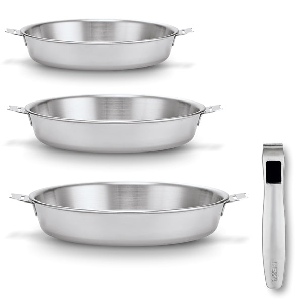 Lot 3 poêles tout inox 20, 24 et 28 cm Triply Evolution avec son manche amovible Beka - Mathon - 1