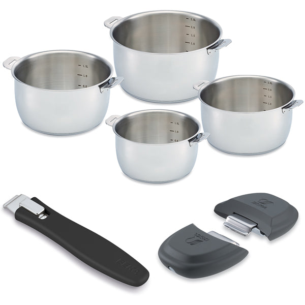 Lot 4 casseroles en inox 14, 16, 18 et 20 cm avec 2 anses amovibles grises Select et manche amovible noir Evolution Clickfix  Beka - Mathon - 1