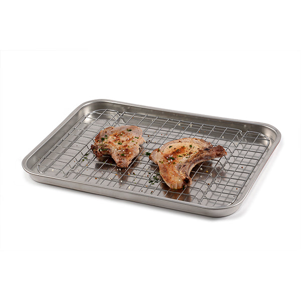 Lot plat à four rectangulaire bas 30 cm et grille 28 cm en acier inoxydable Steel Pan - Mathon - 3