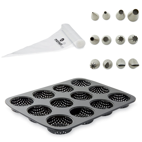 Lot plaque 12 mignardises micro-perforée en acier antiadhérent 29 x 22 cm avec rouleau de 24 poches pâtissières jetables et coffret de 12 douilles inox Mathon - Mathon - 1