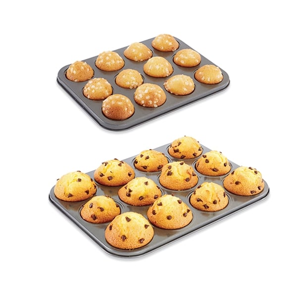 Lot 2 plaques 12 muffins et 12 mini-muffins acier revêtement antiadhérent Mathon - Mathon - 1
