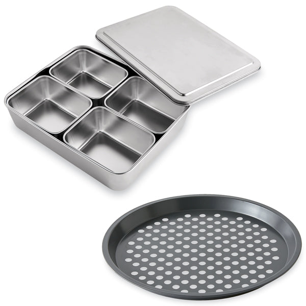 Lot de 5 bacs de préparation culinaire en inox et d’un moule à pizza perforé en acier antiadhérent 29,5 cm Mathon - Mathon - 1