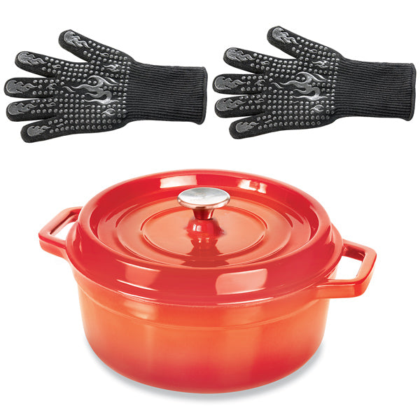 Lot cocotte en fonte ronde orange 28 cm 5,6 L et 2 gants anti-chaleur grand modèle (taille 10) Mathon - Mathon - 1