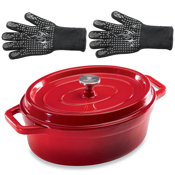 Lot cocotte en fonte ovale rouge 33 cm 6 L et 2 gants anti-chaleur grand modèle (taille 10) Mathon - Mathon - 1