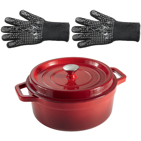 Lot cocotte en fonte ronde rouge 28 cm 5,6 L et 2 gants anti-chaleur grand modèle (taille 10) Mathon - Mathon - 1