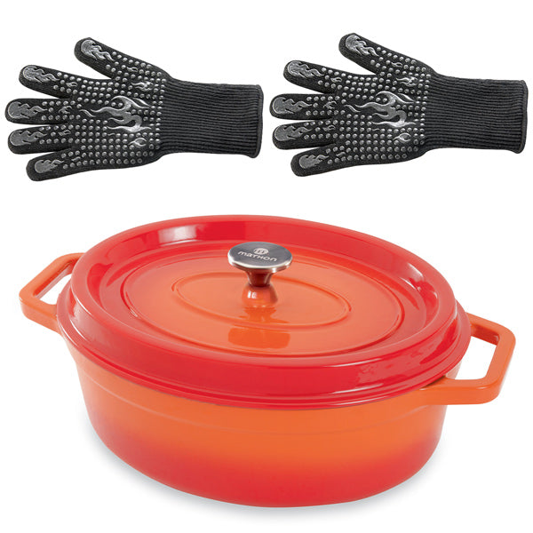 Lot cocotte en fonte ovale orange 33 cm 6 L et 2 gants anti-chaleur grand modèle (taille 10) Mathon - Mathon - 1