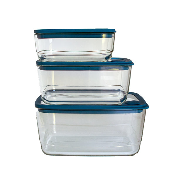 Set 3 boîtes en verre rectangulaires avec couvercles silicone 720, 1500 et 2900 ml compatibles micro-ondes Pebbly - Mathon - 1