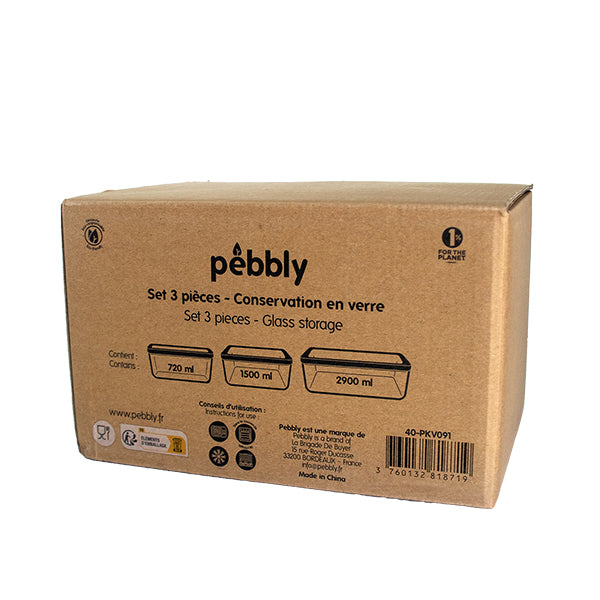 Set 3 boîtes en verre rectangulaires avec couvercles silicone 720, 1500 et 2900 ml compatibles micro-ondes Pebbly - Mathon - 9