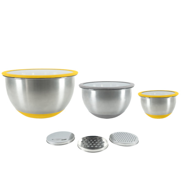 Set 3 bols en inox 1.4 L, 2.8 L et 4.7 L avec couvercles et 3 râpes interchangeables Pika - Mathon - 1