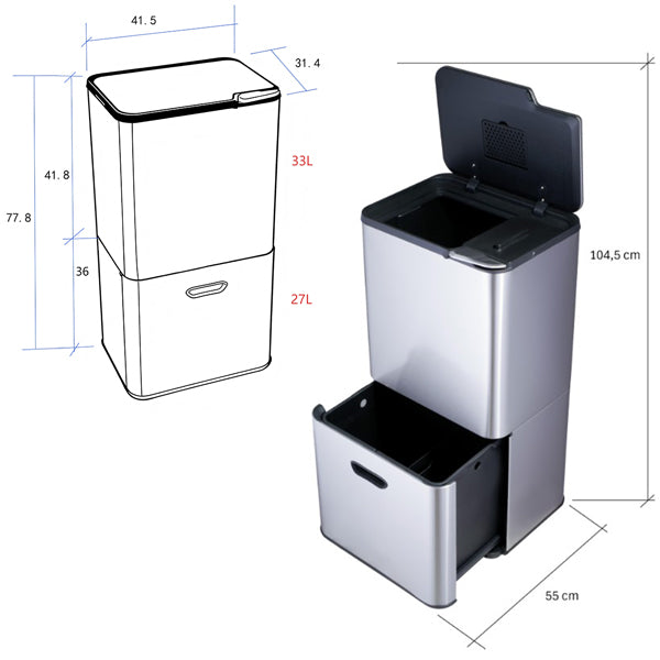 Lot poubelle de cuisine 3 bacs de tri sélectif 63 L inox et grand panier de tri 72 L Mathon - Mathon - 4