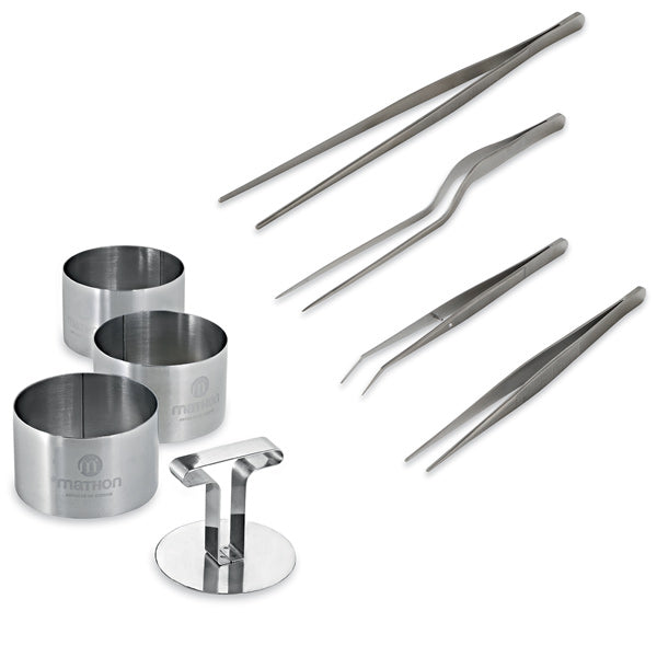 Lot de 4 pinces à dresser de précision et de 3 cercles de présentation avec poussoir en inox Mathon - Mathon - 1